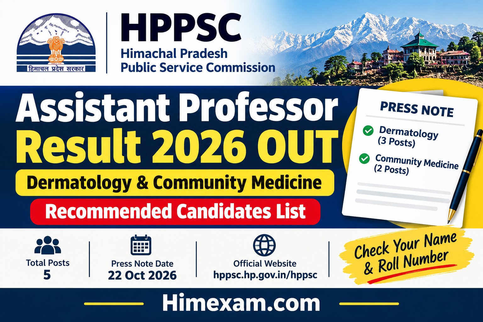 HPPSC Assistant Professor Result 2026: Dermatology & Community Medicine Recommended Candidates List