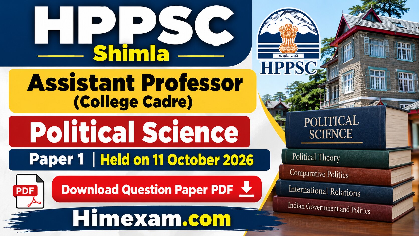 HPPSC Shimla Assistant Professor College Cadre Political Science Paper 1 Question Paper 2026 PDF
