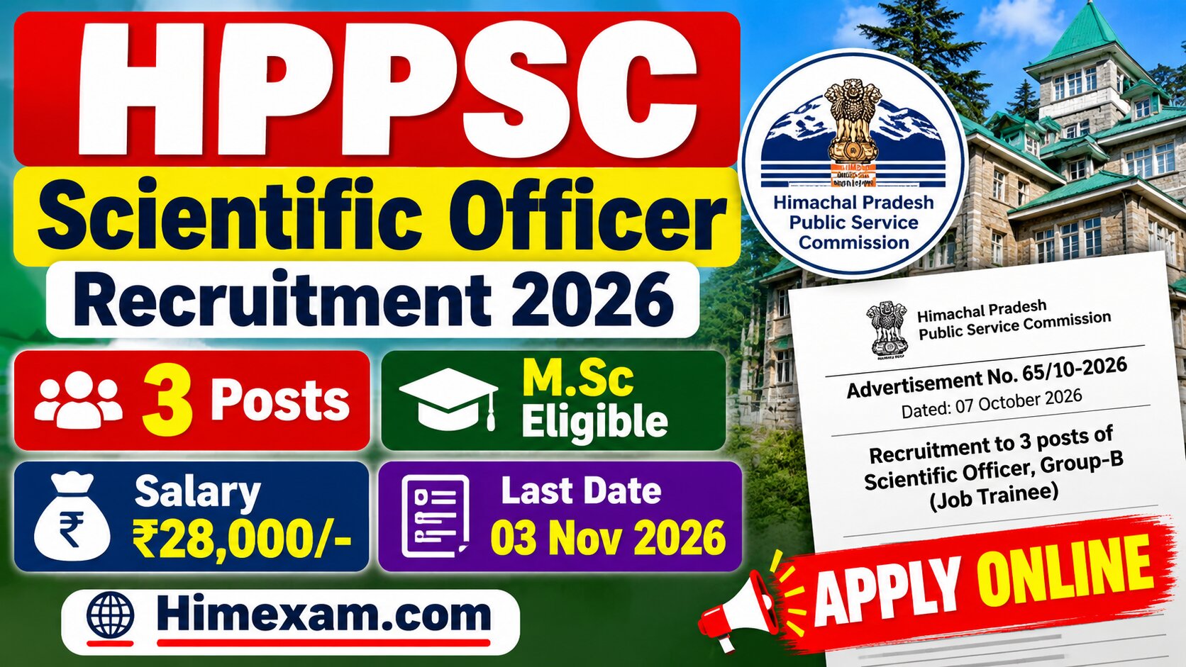 HPPSC Scientific Officer Recruitment 2026 – 3 Posts, Eligibility, Salary, Apply Online