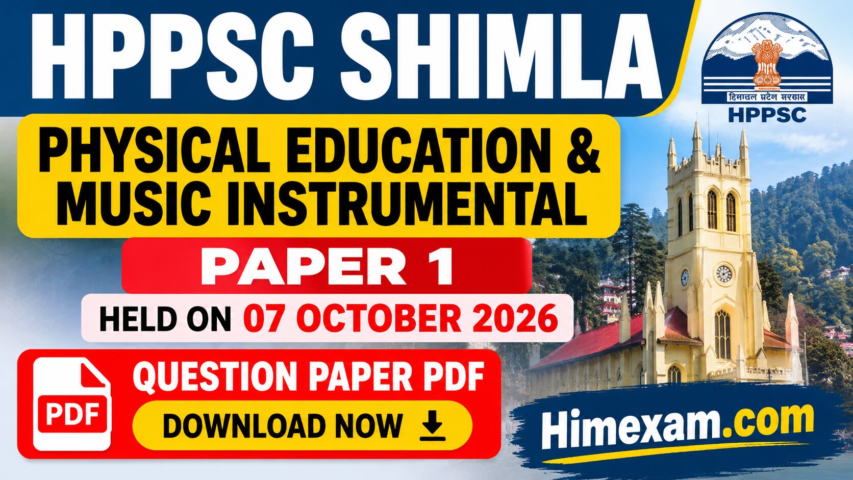 HPPSC Shimla Physical Education & Music Instrumental Paper 1 Question Paper 2026 – Held on 07 October 2026