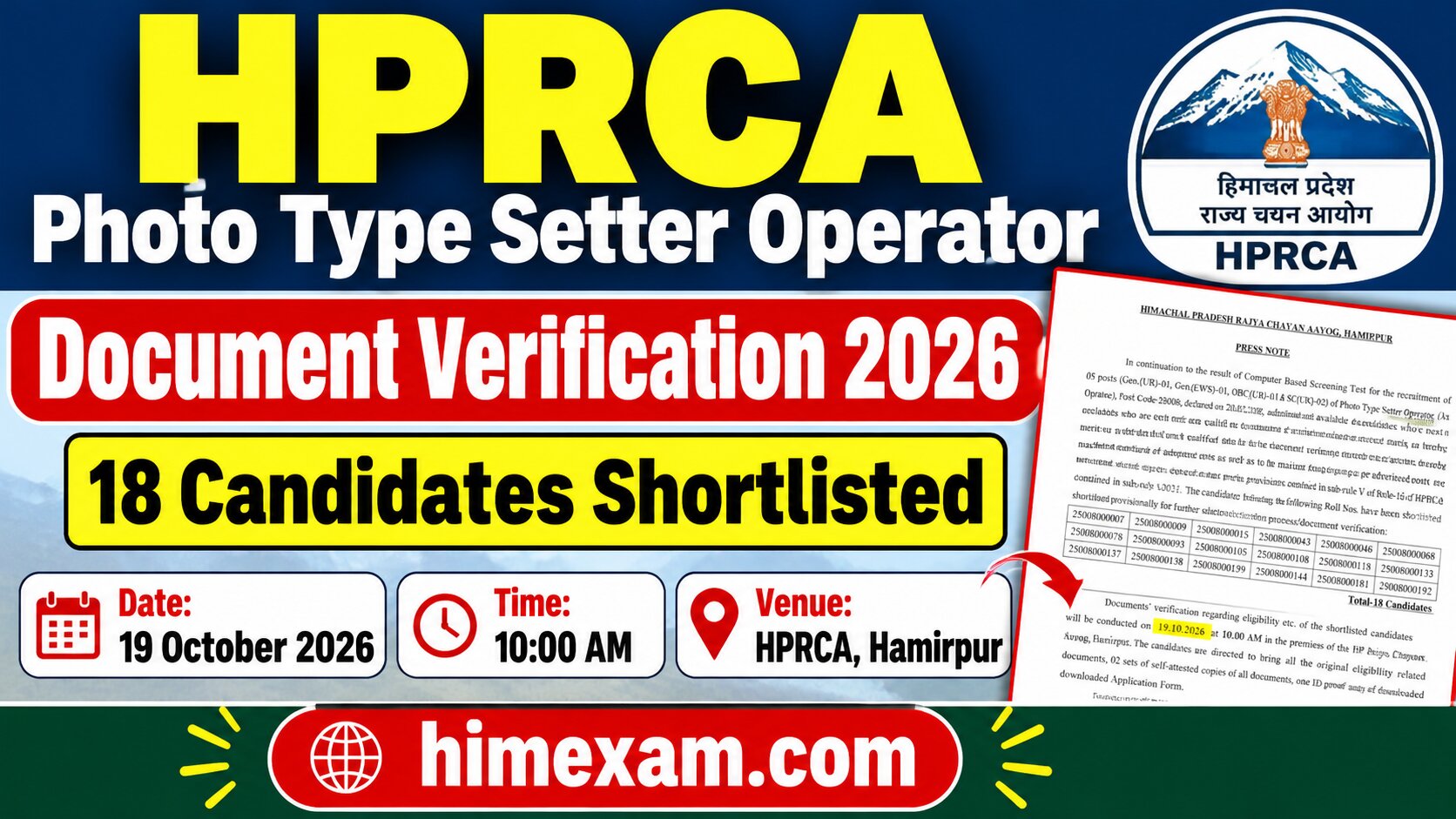 HPRCA Photo Type Setter Operator Document Verification 2026: 18 Candidates Shortlisted