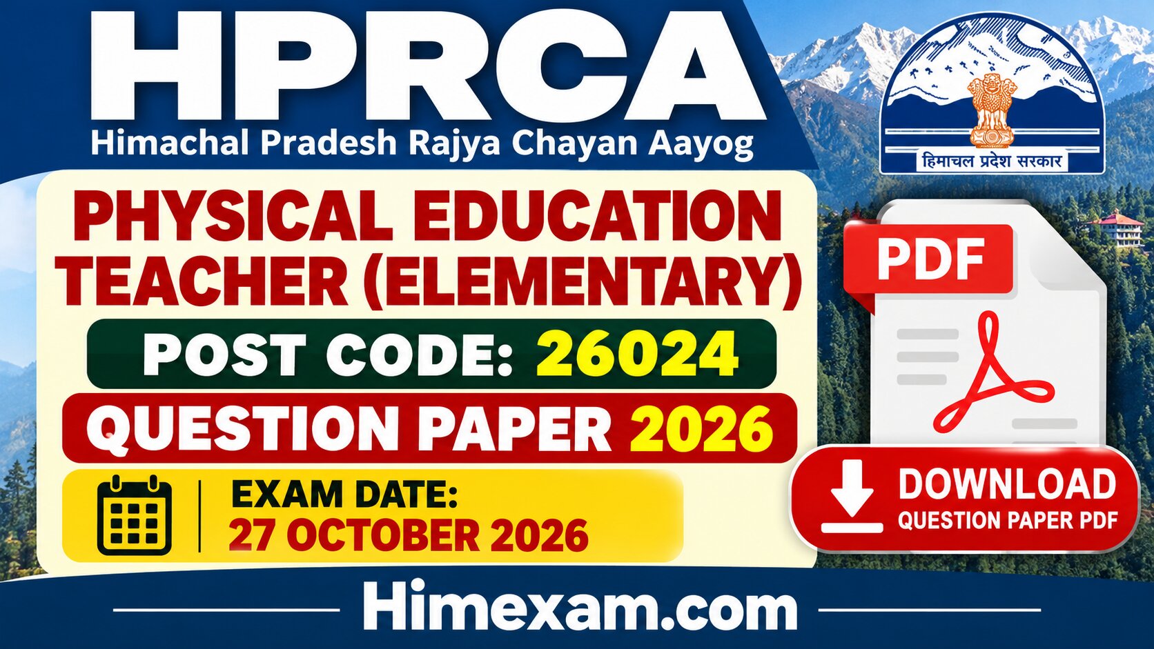 HPRCA Physical Education Teacher Elementary Question Paper 2026 – Post Code 26024