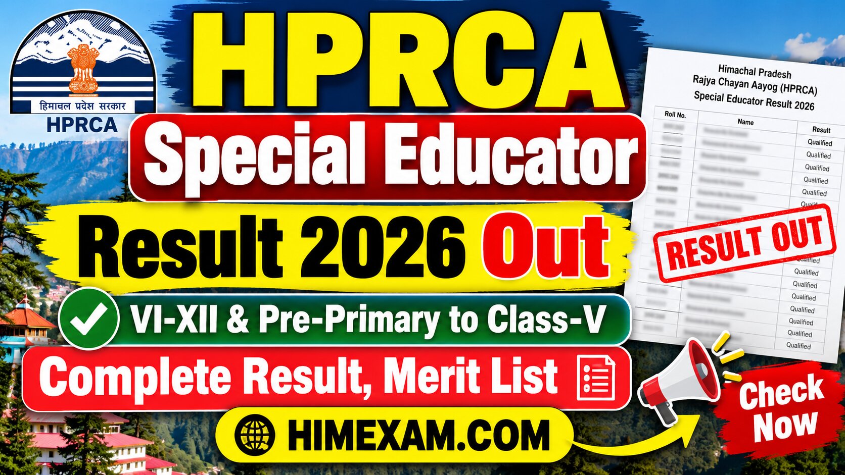 HPRCA Special Educator Result 2026 Out – VI-XII & Pre-Primary to Class-V Complete Result, Merit List