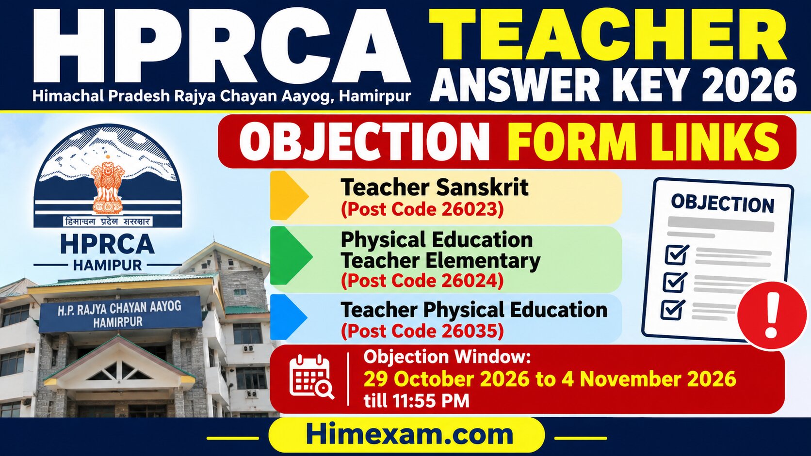 HPRCA Teacher Answer Key 2026: Sanskrit and Physical Education Objection Form Links