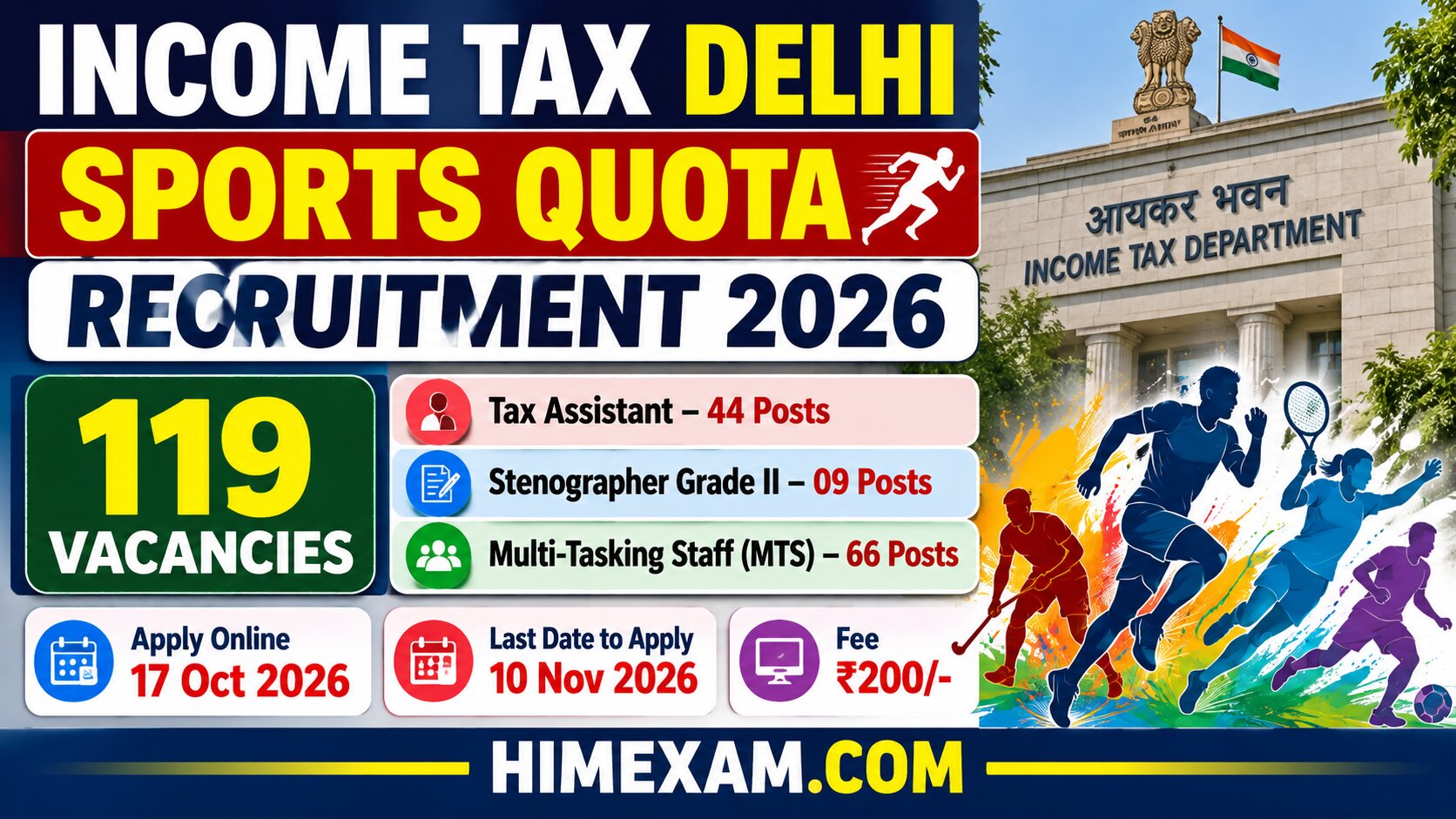 Income Tax Delhi Sports Quota Recruitment 2026: Apply Online for 119 Posts