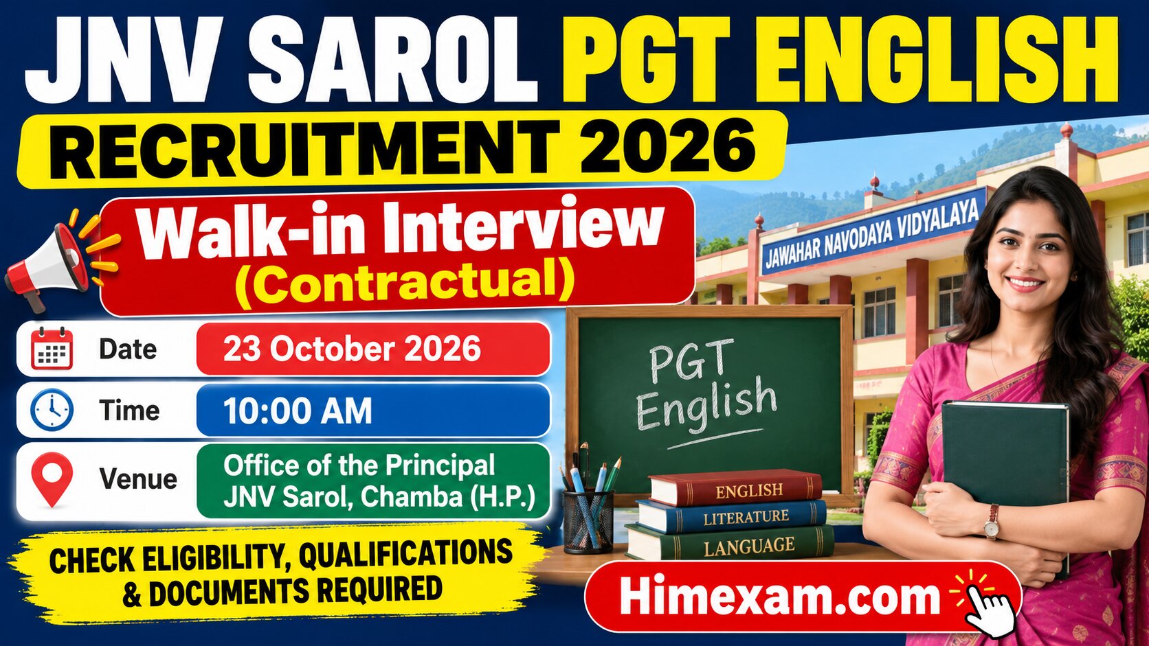 JNV Sarol PGT English Recruitment 2026: Walk-in Interview for Contractual Post in Chamba, HP