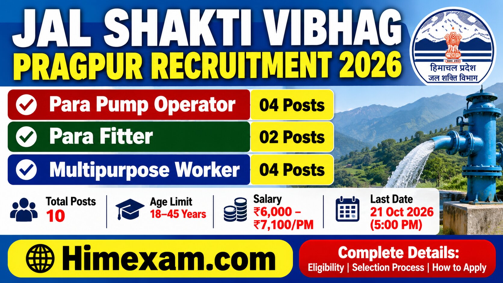 Jal Shakti Vibhag Pragpur Recruitment 2026: Para Pump Operator, Para Fitter & Multipurpose Worker – 10 Posts