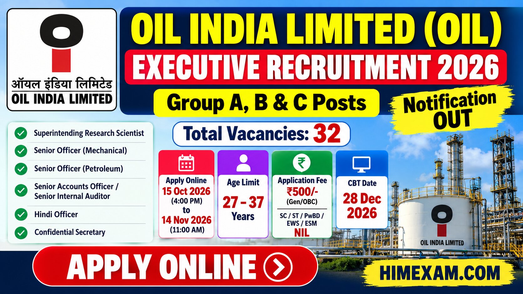 Oil India Limited (OIL) Executive Recruitment 2026: Notification Out for 32 Group A, B & C Posts, Apply Online