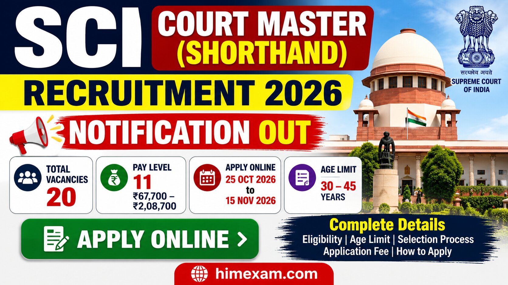 SCI Court Master Shorthand Recruitment 2026: Notification OUT, Apply Online for 20 Vacancies
